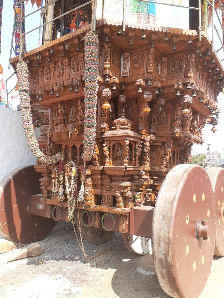 Large decorated temple chariot with garlands